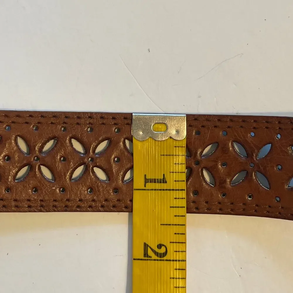 Brown Embossed Diamond Floral Faux Leather Belt Womens Small Gold Buckle Boho